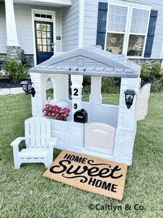 Playhouse Makeover Reveal Outdoor Playhouse Diy Easy, Repaint Plastic Playhouse, Step 2 Makeover, Fisher Price Playhouse Makeover, Diy Outdoor Playhouse Makeover, Step 2 House Makeover, Outdoor Play House Ideas, Diy Plastic Playhouse Makeover, Redone Playhouse