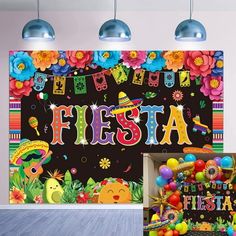 a fiesta themed birthday party with balloons, decorations and wall hangings on the walls