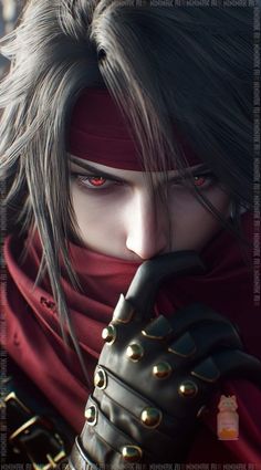 an anime character with long hair and red eyes holding his hand to his mouth while wearing black gloves