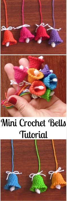 crocheted bell ornaments are shown in three different colors, and each has a small bell