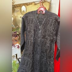 Kurtan Style Short Tunic. Black-On-Black Embroidery. Two Side Slits. Pull Over V Neck. Very Chic With Black Leggings Or A Black Skirt. Crisp And Never Worn. Casual Black Festive Kurta, Black Cotton Kurta For Spring, Black Long Sleeve Kurta For Spring, Fitted Black Spring Kurta, Black Long Kurta With Dabka Work, Black Embroidered Long Kurta, Black Bohemian Kurta With Intricate Embroidery, Long Black Embroidered Kurta, Elegant Long Black Kurta