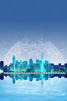 an abstract cityscape with lines and dots in the shape of a sphere over water