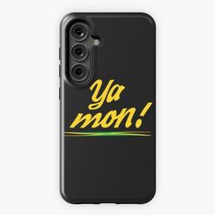 an iphone case with the words ya moon in yellow and green lettering on black background