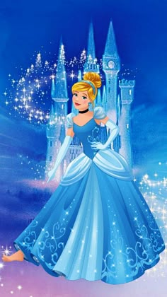 the princess in her blue dress is standing on top of a hill with castle in the background