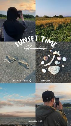 four different pictures with the words sunset time written on them