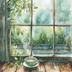 a cup of coffee sitting on top of a wooden table next to a window covered in rain