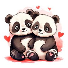 two panda bears sitting next to each other with hearts on the floor in the background