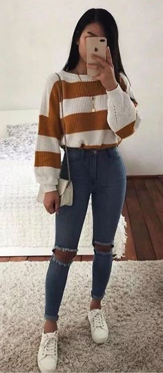 Paris Mode, Fashion Trends Winter, Winter Trends, Cute Fall Outfits, Clothes Ideas, Edgy Outfits, Striped Sweater