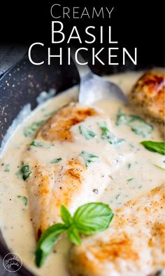 creamy basil chicken is served in a skillet