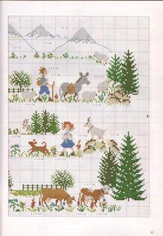 a cross stitch pattern with animals and trees