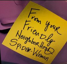 a sticky note attached to the side of a purple suitcase that says from your friend neighborhood spider woman