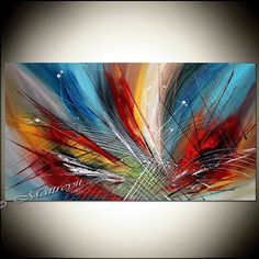 an abstract painting with red, yellow and blue colors on the wall in a room