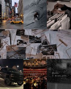 multiple pictures of people and vehicles in the city at night, with rain falling on them