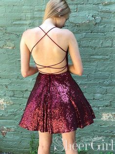 Sparkly Burgundy Homecoming Dresses Backless A-line Mini Party Dress ARD2443-SheerGirl Simple Cocktail Dress, Burgundy Homecoming Dress, Backless Homecoming Dresses, Cocktail Dress Short, Burgundy Homecoming Dresses, Cocktail Dress Classy, Sequin Homecoming Dress, Mini Prom Dresses, Mini Homecoming Dresses