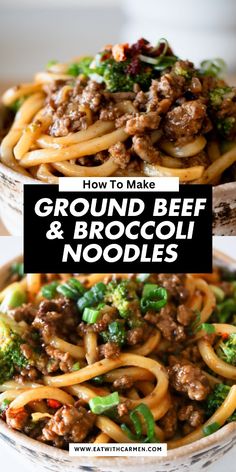 two bowls filled with ground beef and broccoli noodles