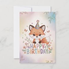 a birthday card with an image of a fox wearing a party hat