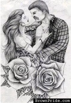 a drawing of a man and woman hugging each other with roses in front of them