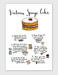 the recipe for a cake is shown on a white background with black lettering and illustrations