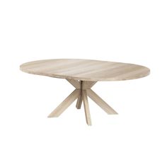 a round wooden table with two crossed legs