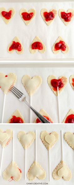 valentine's day treats are arranged on sticks and ready to be baked in the oven