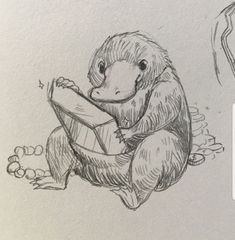 a drawing of a monkey sitting on the ground next to a person holding a book