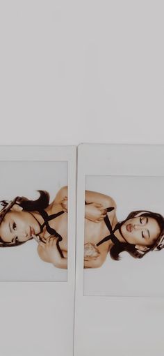 two polaroid photos of a woman with long hair and no bra, one is naked