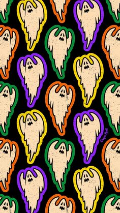 an image of halloween ghost pattern on a black background with orange, green, purple, and yellow colors