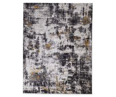 an abstract rug with black, white and gold colors on the bottom half of it