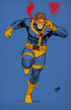 a drawing of a man in a yellow and blue costume running with his hands on his hips