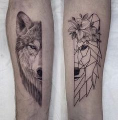 two tattoos on the legs of people, one with a wolf and another with flowers