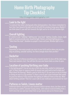 the home birth photography tip checklist is shown in purple and blue, with text overlay