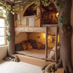 a bunk bed made out of wood with stuffed animals on the bottom and below it