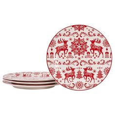 three red and white plates sitting next to each other