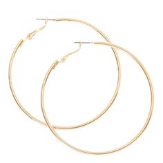 Add this classic pair of earrings to your collection for shiny and bold style. The smooth rounded gold hoops are great for school and party wear. Finish: Gold-tone Diameter: 60MM Closure: Snap back Material: Metal - Claire's Gold 60MM Hoop Earrings Earrings Gold Jewellery, Jewelry Earrings Gold, Earrings Gold Hoop, Golden Hoops, Bold Accessories, Yellow Gold Earrings, Hoop Earrings Gold, Yellow Gold Jewelry, Earrings Accessories