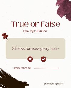 Fact or Myth: ✅❎ Stress causes grey hair? ————->> swipe to find out! #hairfactorfiction #hairfacts #hairmyths #hairtrueorfalse… | Instagram Cosmetic Inspiration, Random Facts, The Salon, Grey Hair, Green Hair, Cosmetology, About Hair