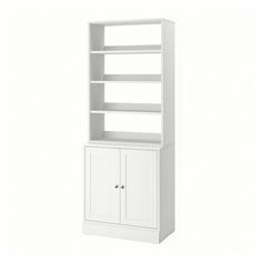 a white bookcase with two doors and one door open on the bottom, in front of a white background