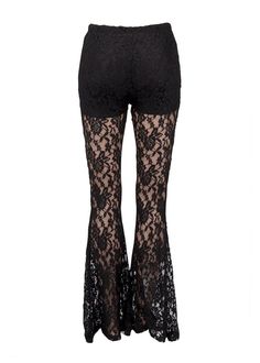 You're a vision in lace in these stunning pants! The sheer bell bottom pants are made out of gorgeous black lace and offer alluring flashes of skin. The top part is lined with shorts and has an elastic waist. Flirty flare features a slender fit through hip and thigh with a dramatic flared leg for some retro appeal. Easy pull-on style. Available in sizes S, M, and L. Made out of 90% nylon and 10% spandex and 100% polyester (contrast). For a chic edge to a classic silhouette, these pants are perfe Sheer Lace Bottoms For Evening, Black Lace Trim Bottoms For Evening, Evening Black Bottoms With Lace Trim, Party Lace Wide Leg Pants, Spring Evening Lace Bottoms, Party Wide Leg Lace Pants, Wide Leg Lace Pants For Party, Party Bottoms With Lace Trim Long Pants, Party Bottoms With Lace Trim And Stretch