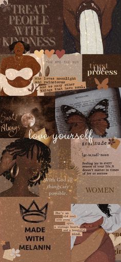 a collage of different images with words and pictures on the bottom, including an image of a woman's face