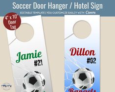 two door hangers with soccer balls on them