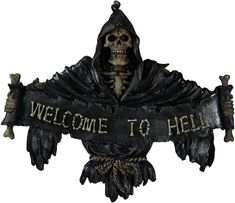 a skeleton holding a welcome to hell sign