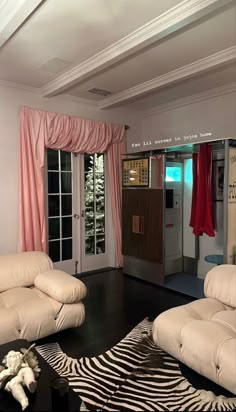 a living room with two couches and a zebra rug in front of the door