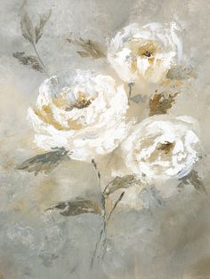 an abstract painting of white flowers on a gray background