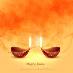 happy diwali greeting card with two lit candles on orange and yellow watercolor background