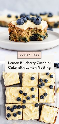 lemon blueberry zucchini cake with lemon frosting and fresh blueberries on top