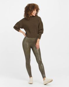 how to style spanx olive croc shine leggings - Google Search Suede Leggings, Legging Fits, Green Leggings, Croc Print, Camo Leggings, Ankle Leggings, Faux Leather Leggings, Seamless Leggings, Womens Activewear