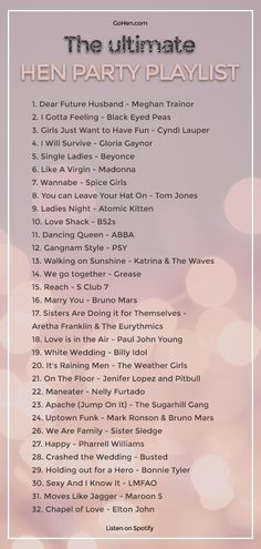 the ultimate hen party playlist is shown in white and pink tones with boket lights behind it