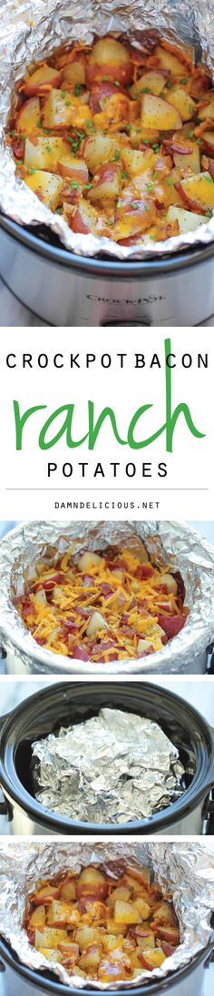 crock potbabon ranch potatoes recipe is shown in three different pictures