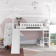 a child's bedroom with a white bunk bed and pink wallpaper on the walls