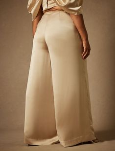 Bridal by ELOQUII Wide Leg Trouser | Women's Plus Size Pants | ELOQUII Silk Wide Leg Bottoms With Elastic Waistband, Elegant High Waist Satin Bottoms, Formal Full Length Satin Wide Leg Pants, High Waist Satin Elegant Bottoms, Silk Bottoms With Satin Finish For Formal Occasions, Full Length Satin Wide Leg Pants For Work, Full Length Wide Leg Satin Pants For Work, Elegant Satin Pants, Formal Satin Straight Pants