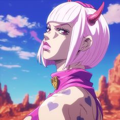 a woman with pink hair and horns standing in front of some desert rocks, looking off into the distance